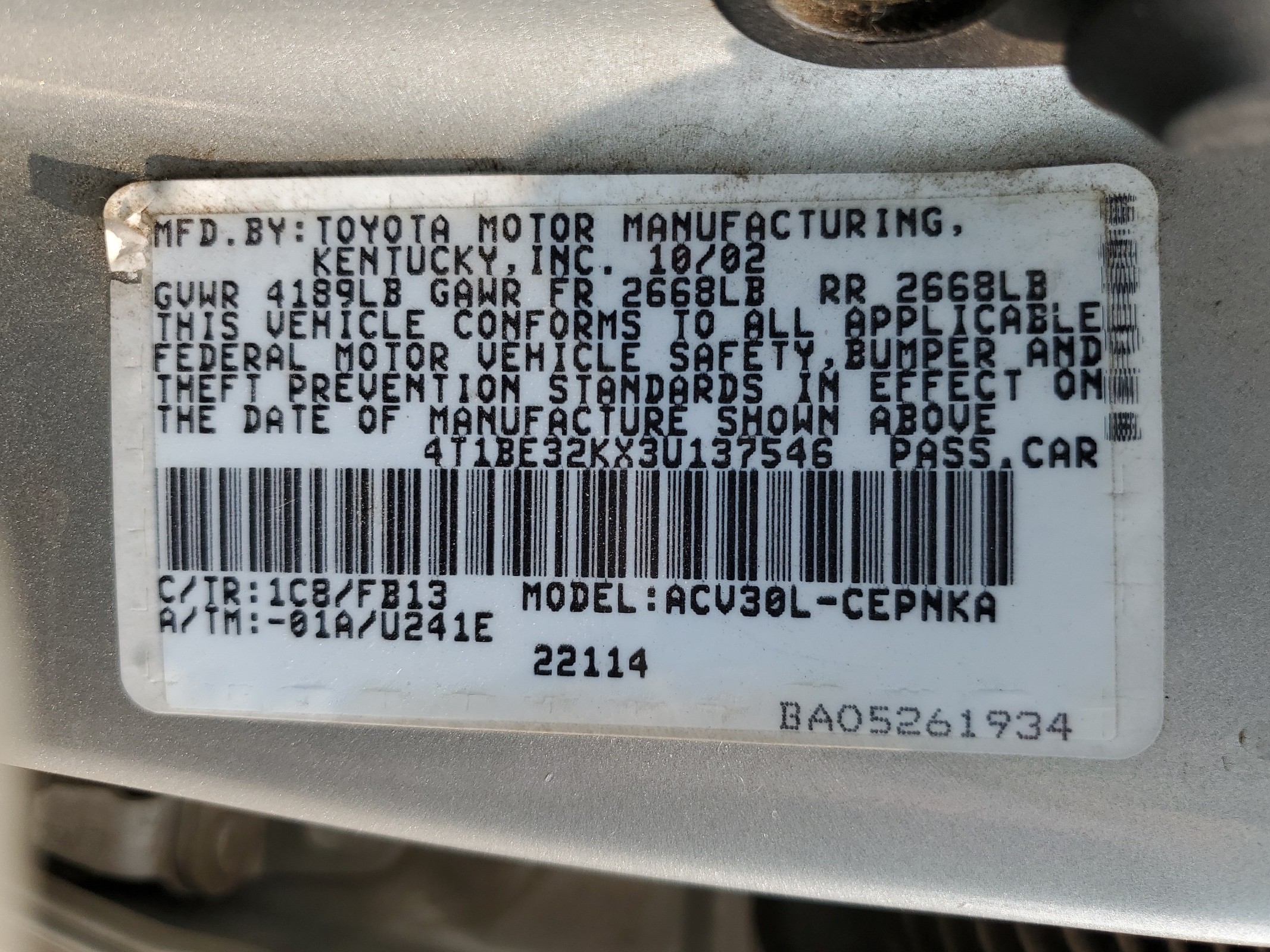 4T1BE32KX3U137546 2003 Toyota Camry Le