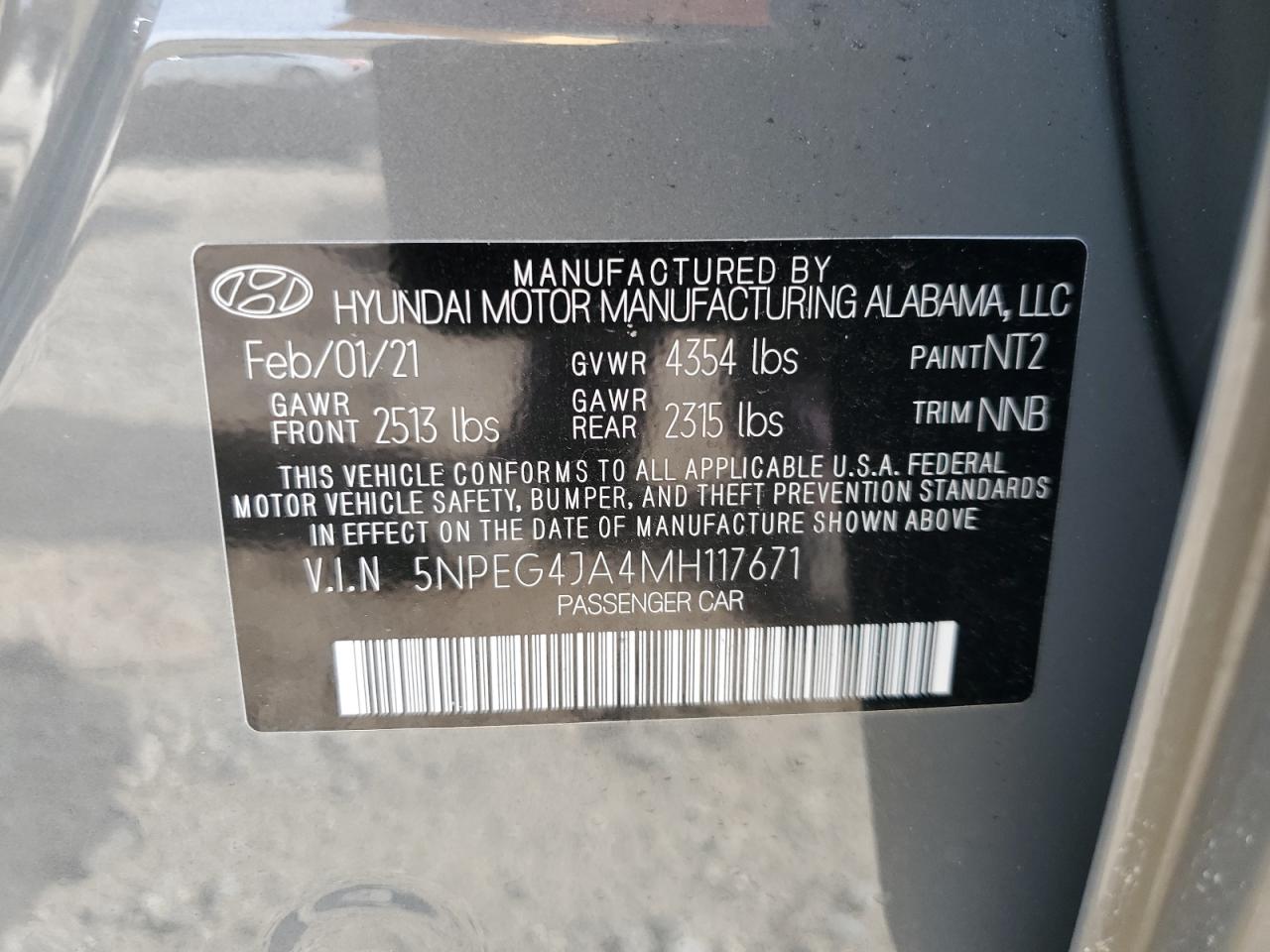 2021 Hyundai Sonata Se VIN: 5NPEG4JA4MH117671 Lot: 64987364