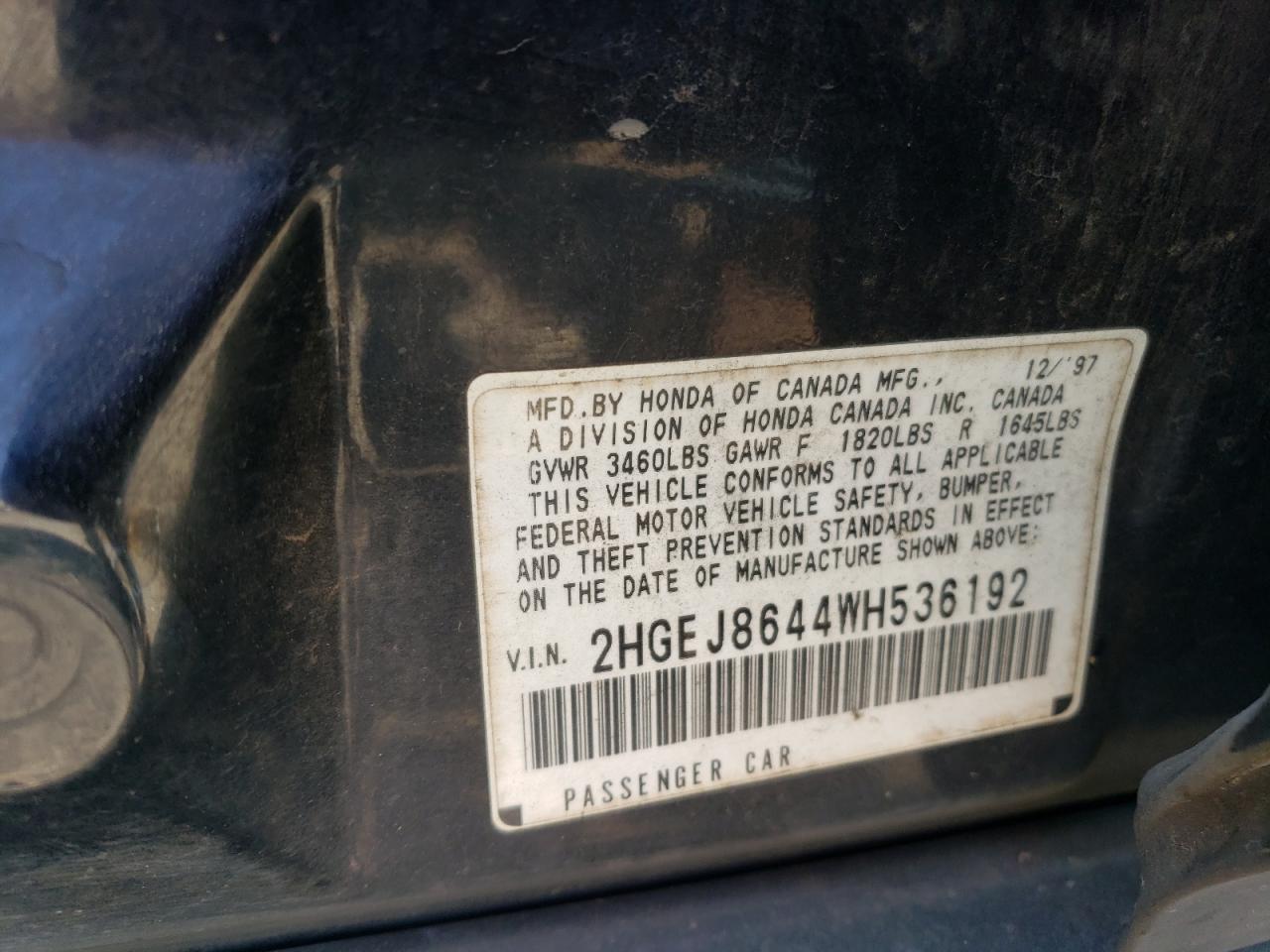 1998 Honda Civic Ex VIN: 2HGEJ8644WH536192 Lot: 64018264