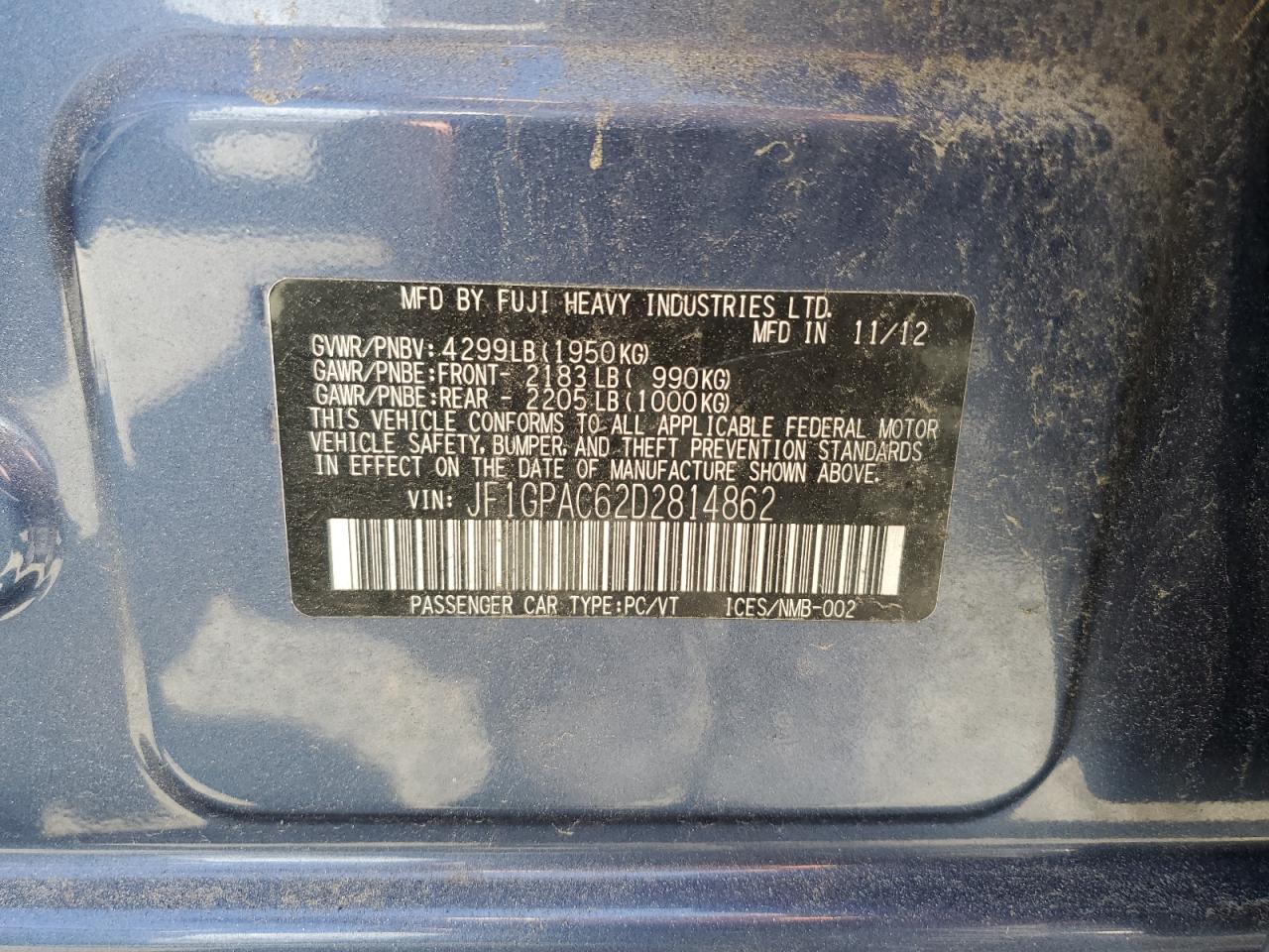 2013 Subaru Impreza Premium VIN: JF1GPAC62D2814862 Lot: 63258234