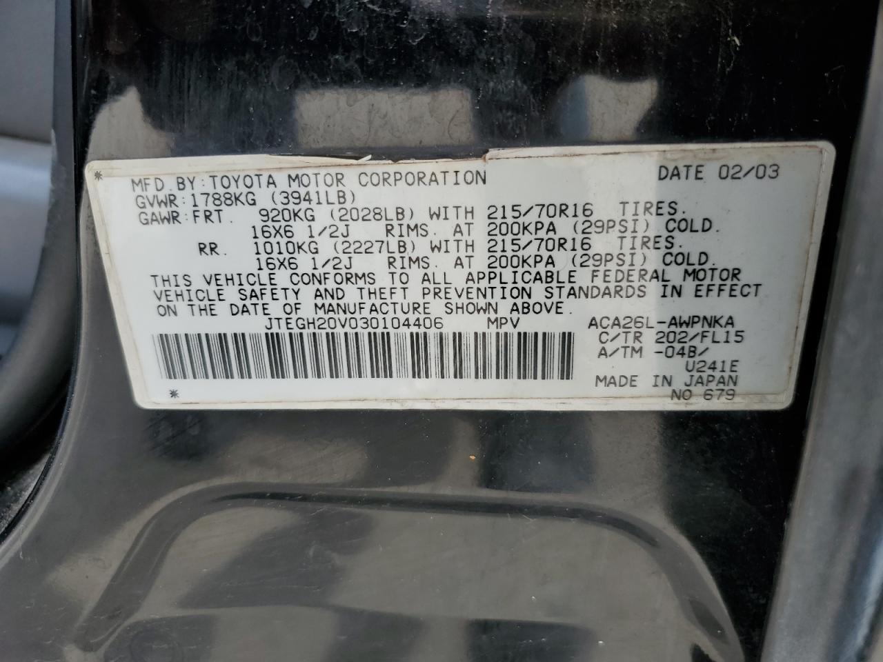 2003 Toyota Rav4 VIN: JTEGH20V030104406 Lot: 64617024