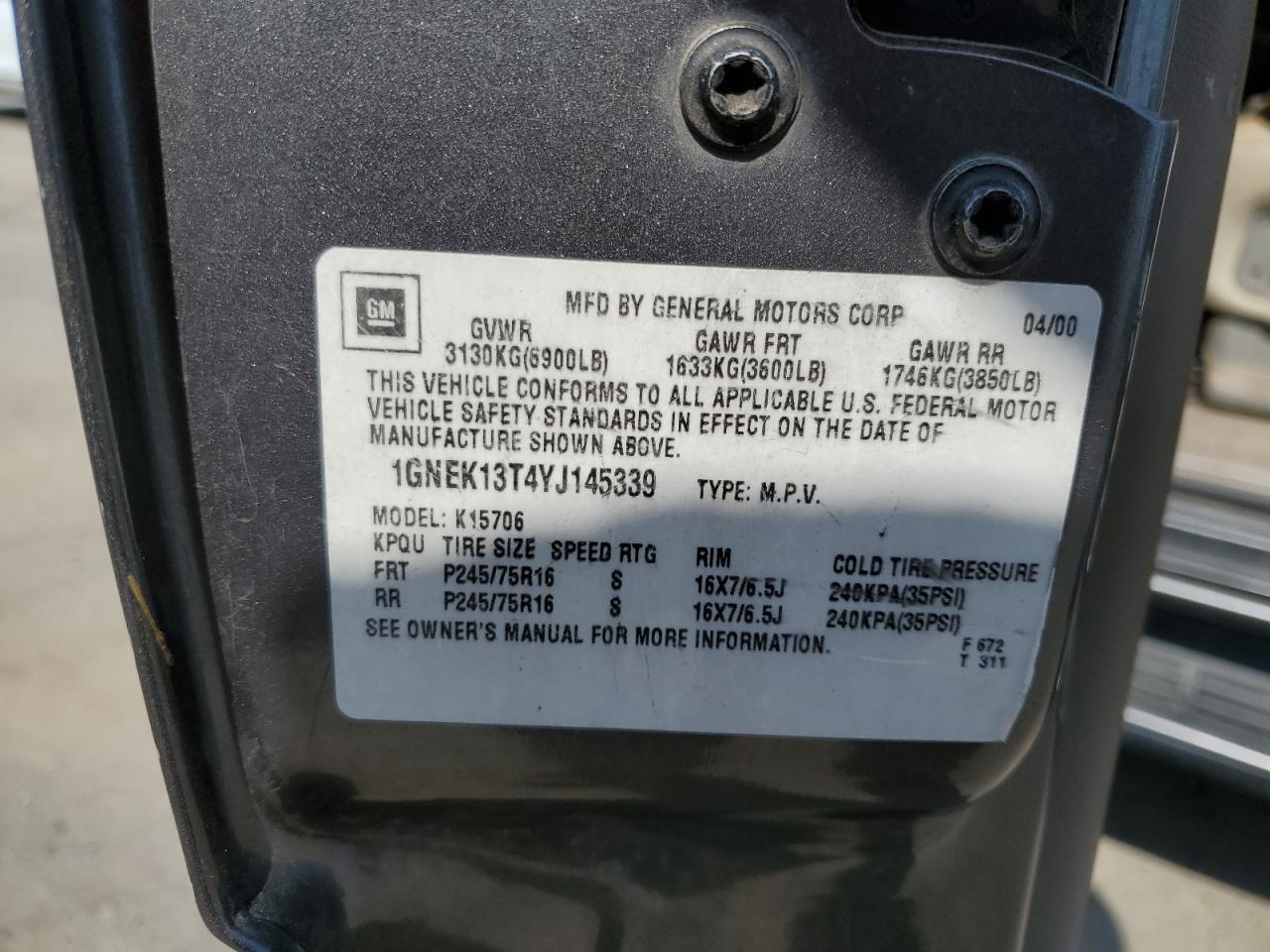 2000 Chevrolet Tahoe K1500 VIN: 1GNEK13T4YJ145339 Lot: 64571524