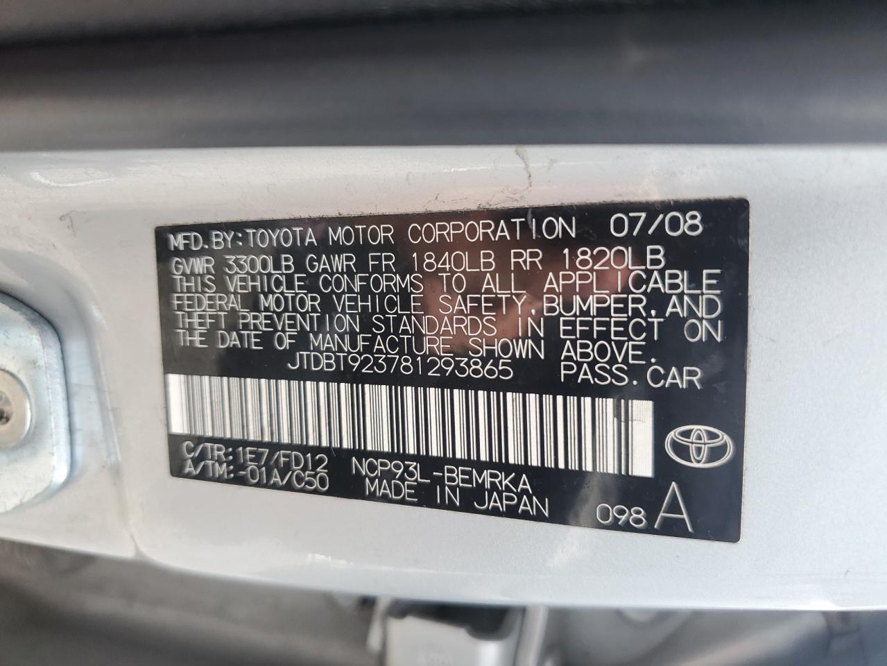 JTDBT923781293865 2008 Toyota Yaris