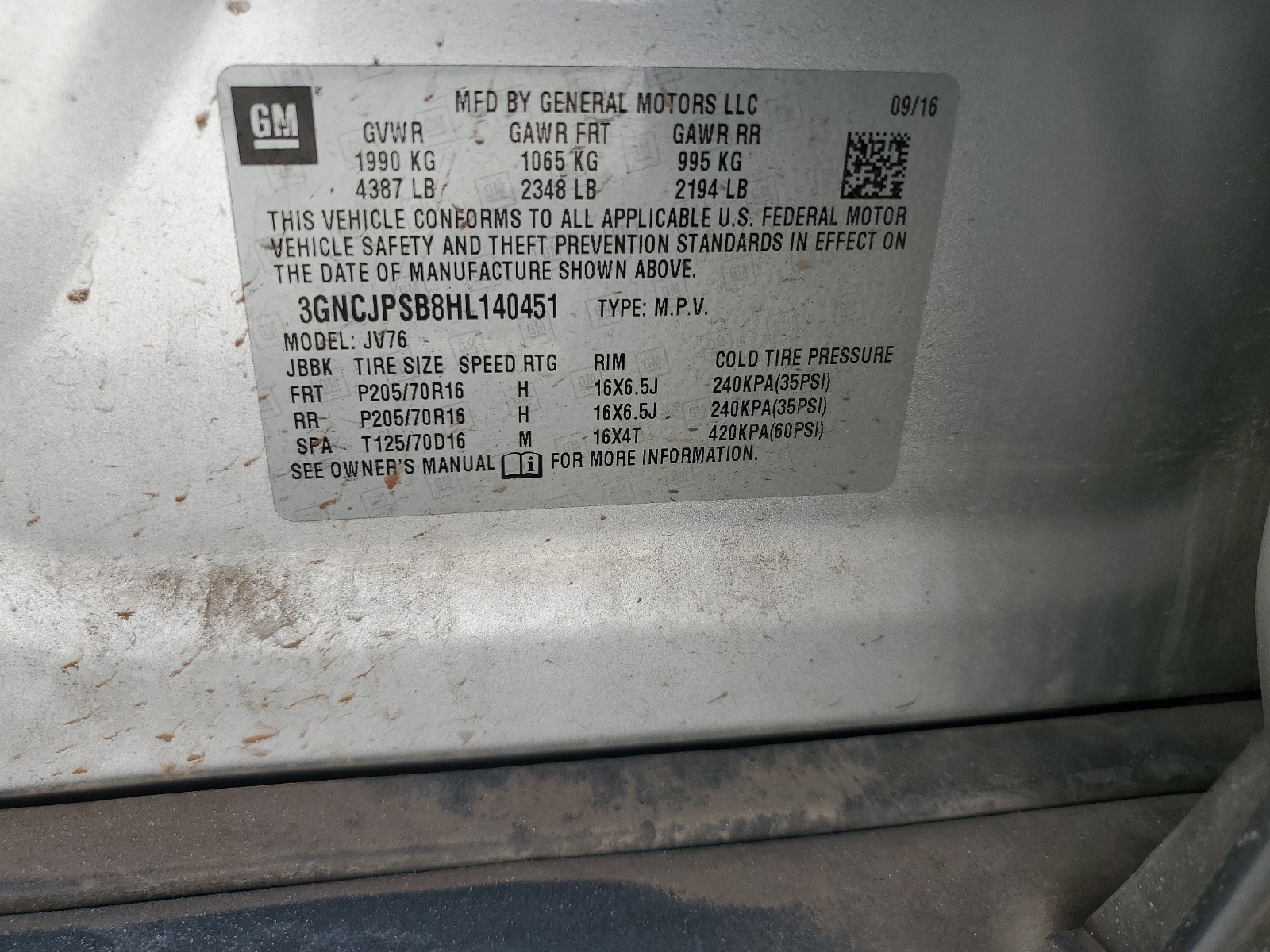 3GNCJPSB8HL140451 2017 Chevrolet Trax 1Lt