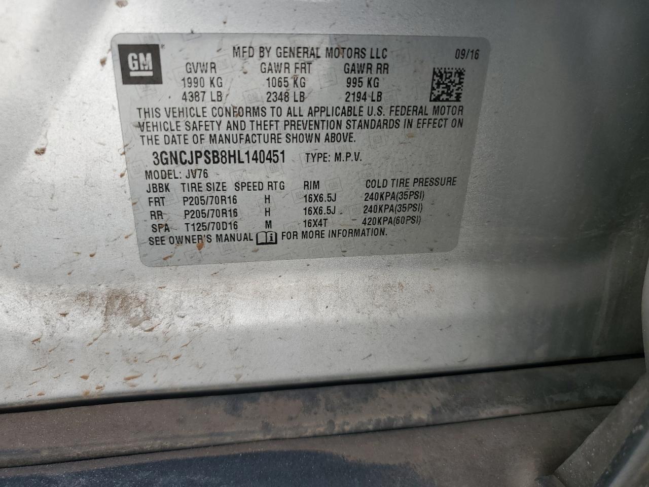 2017 Chevrolet Trax 1Lt VIN: 3GNCJPSB8HL140451 Lot: 62846974