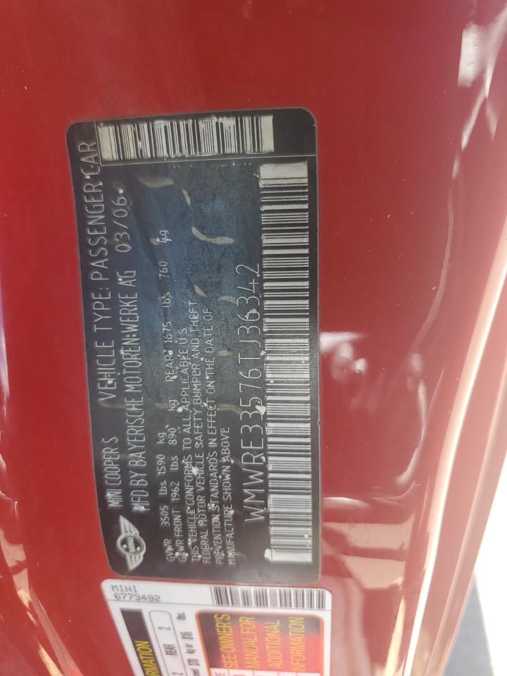 2006 Mini Cooper S VIN: WMWRE33576TJ36342 Lot: 63930174