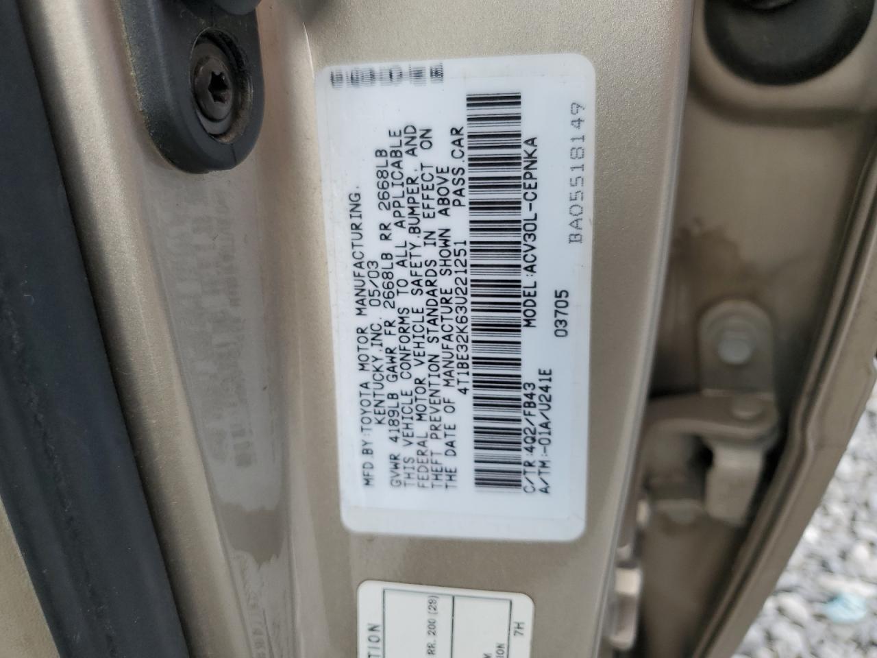 2003 Toyota Camry Le VIN: 4T1BE32K63U221251 Lot: 63965514