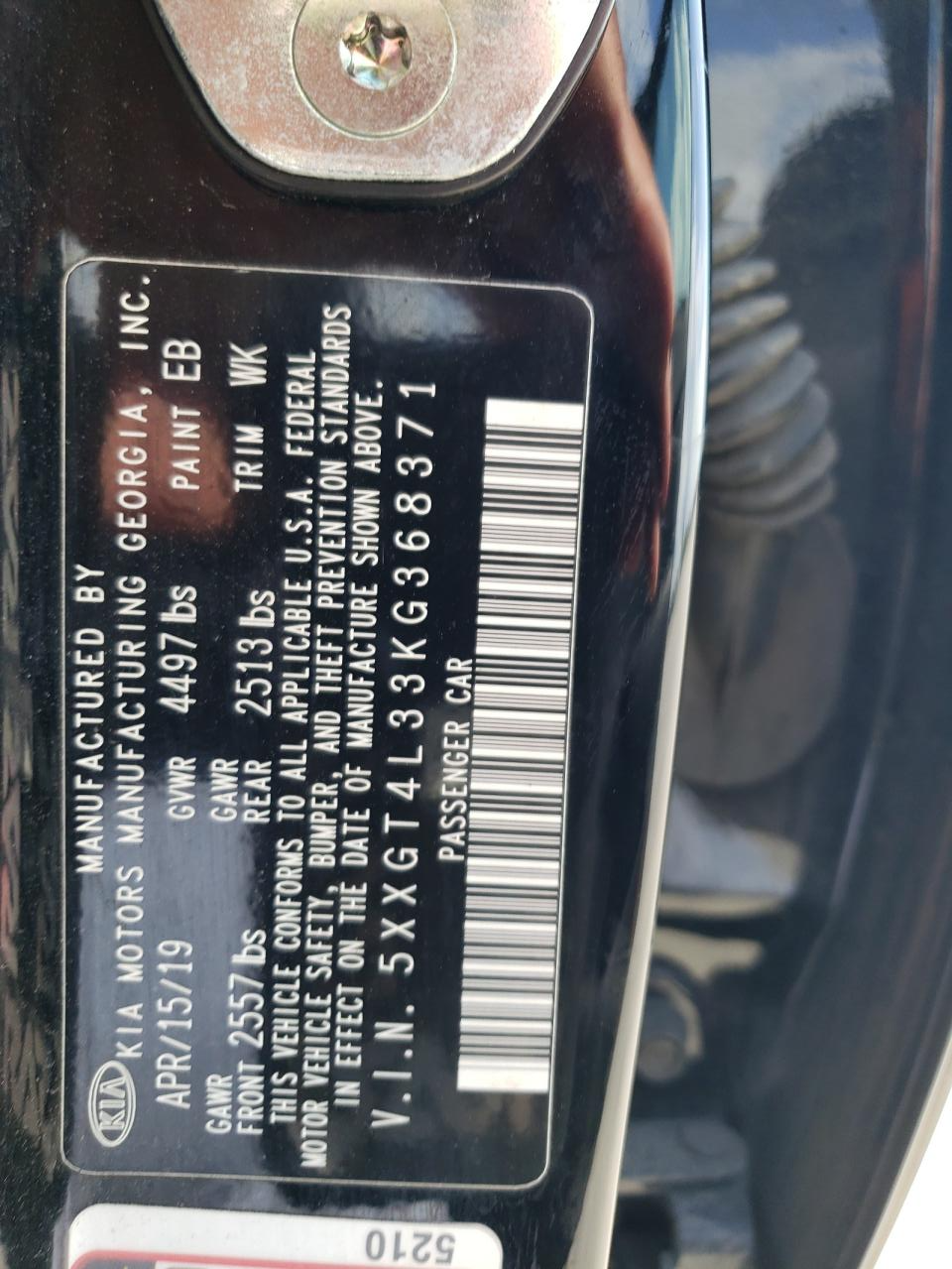 5XXGT4L33KG368371 2019 Kia Optima Lx