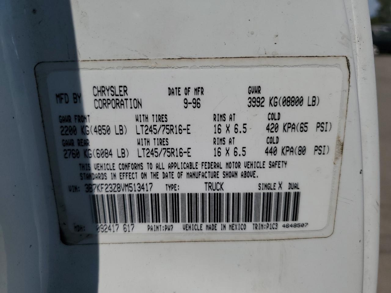 1997 Dodge Ram 2500 VIN: 3B7KF23Z8VM513417 Lot: 63201124