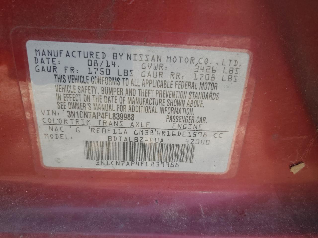 2015 Nissan Versa S VIN: 3N1CN7AP4FL839988 Lot: 60816544