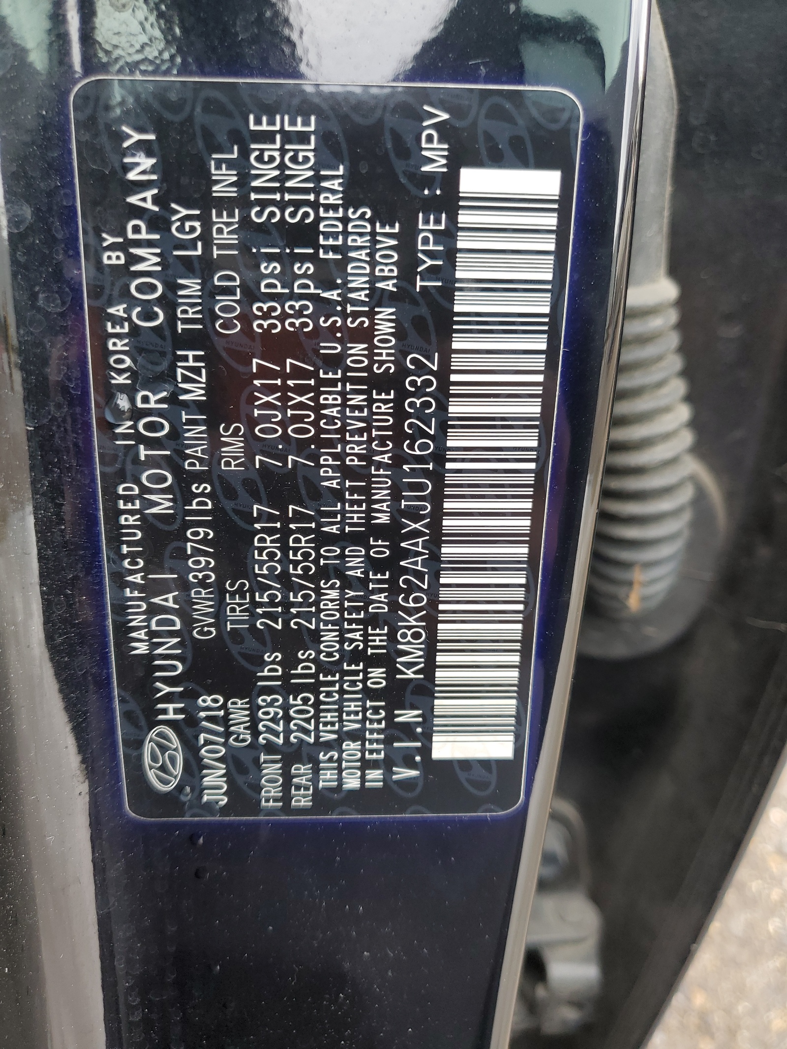 KM8K62AAXJU162332 2018 Hyundai Kona Sel