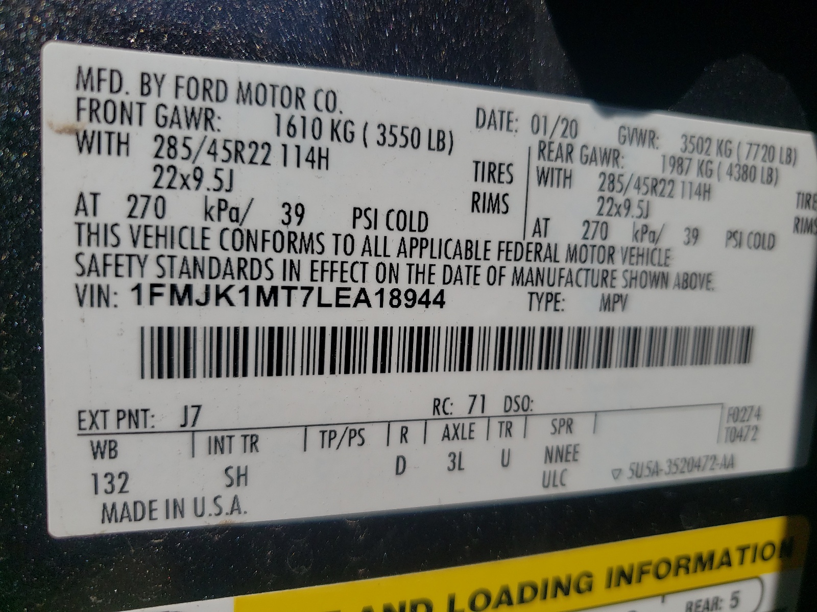 1FMJK1MT7LEA18944 2020 Ford Expedition Max Platinum