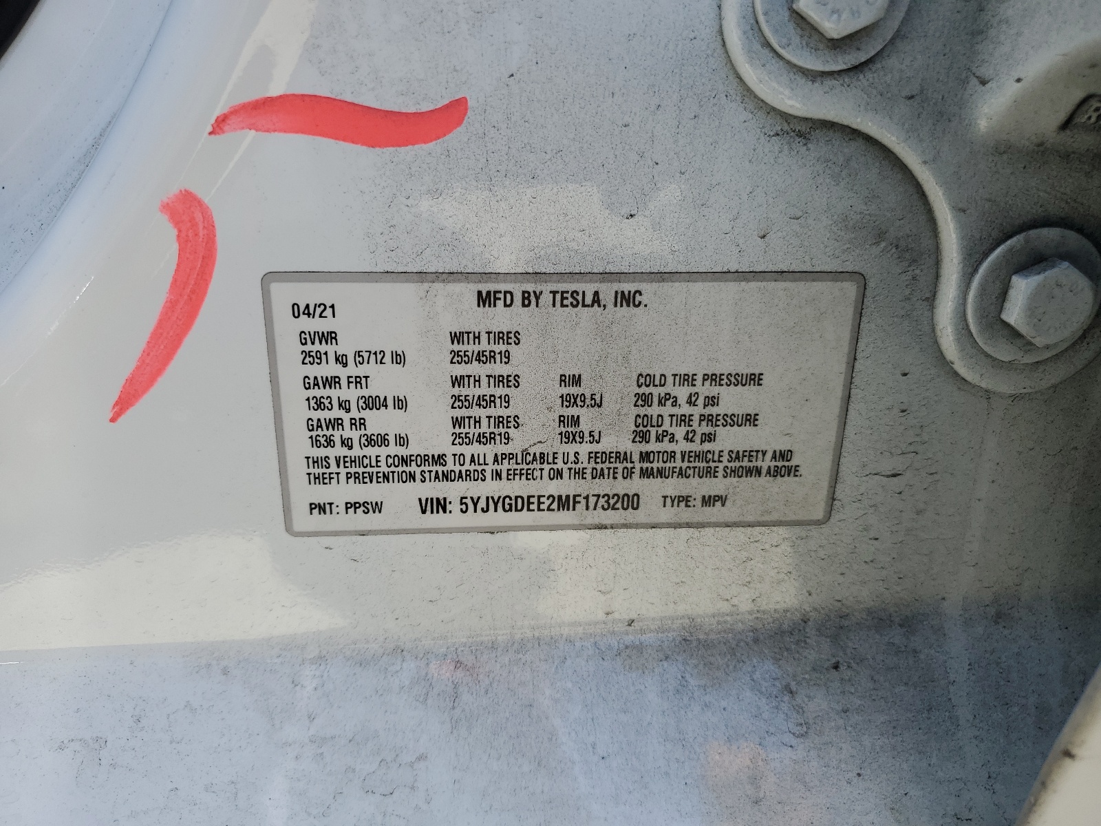 5YJYGDEE2MF173200 2021 Tesla Model Y