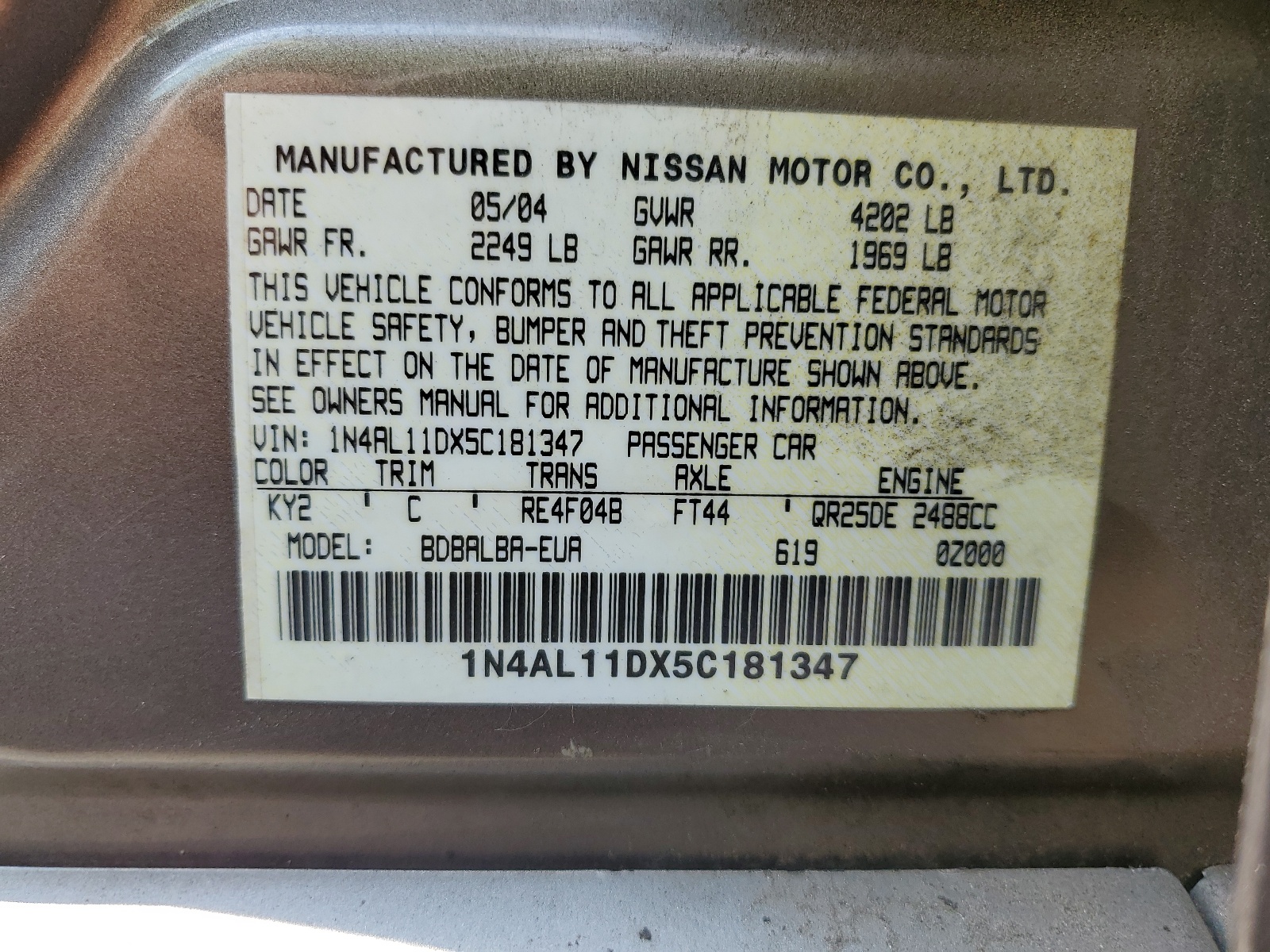 1N4AL11DX5C181347 2005 Nissan Altima S