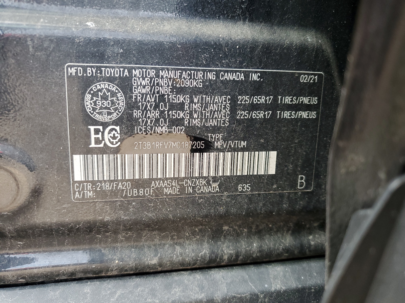 2T3B1RFV7MC187205 2021 Toyota Rav4 Le