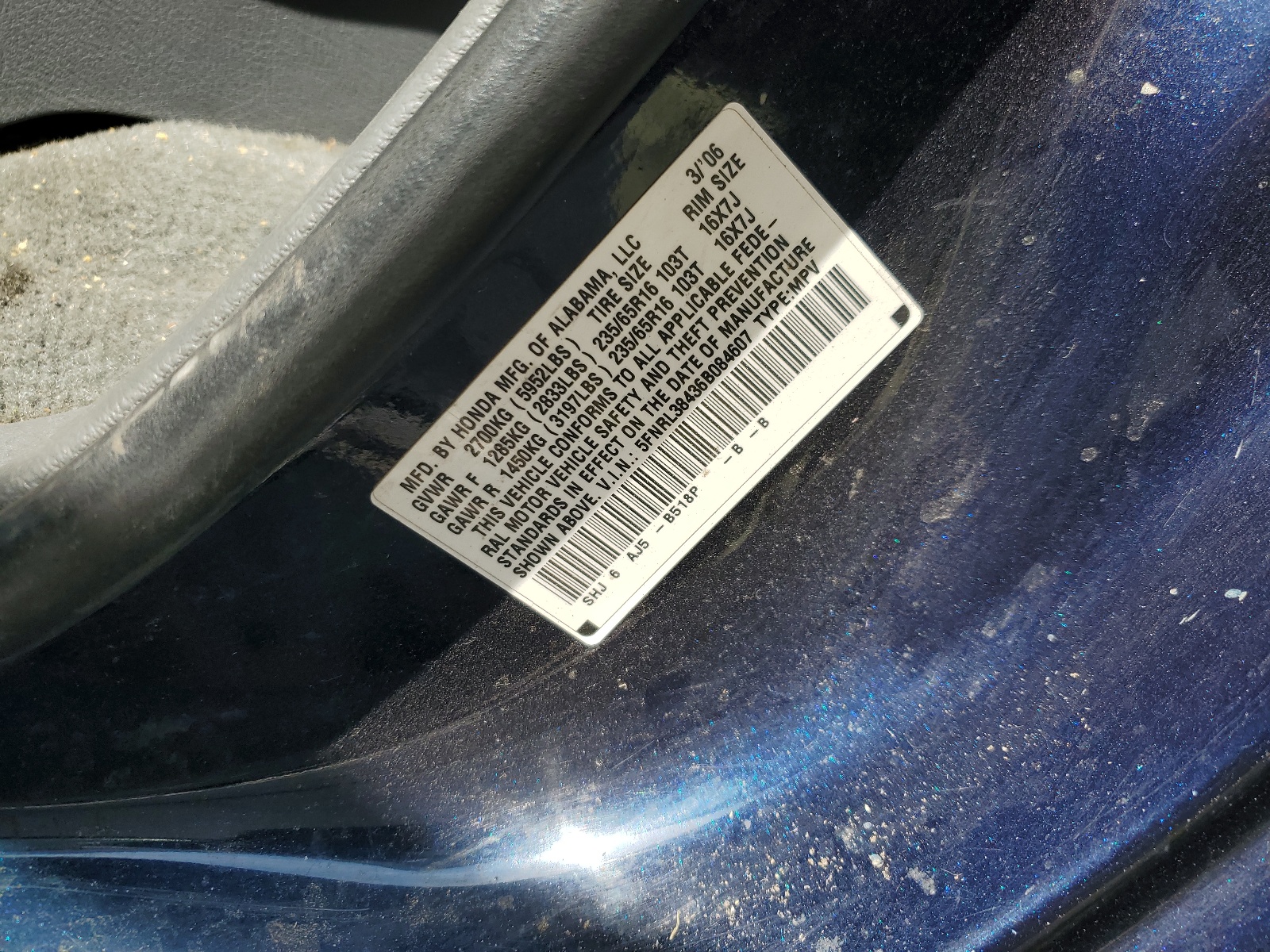 5FNRL38436B084607 2006 Honda Odyssey Ex