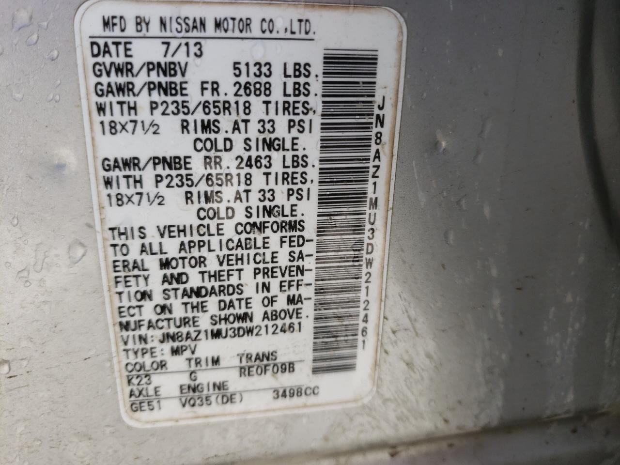 2013 Nissan Murano S VIN: JN8AZ1MU3DW212461 Lot: 63629954