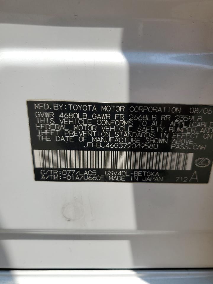 2007 Lexus Es 350 VIN: JTHBJ46G372049580 Lot: 63770924