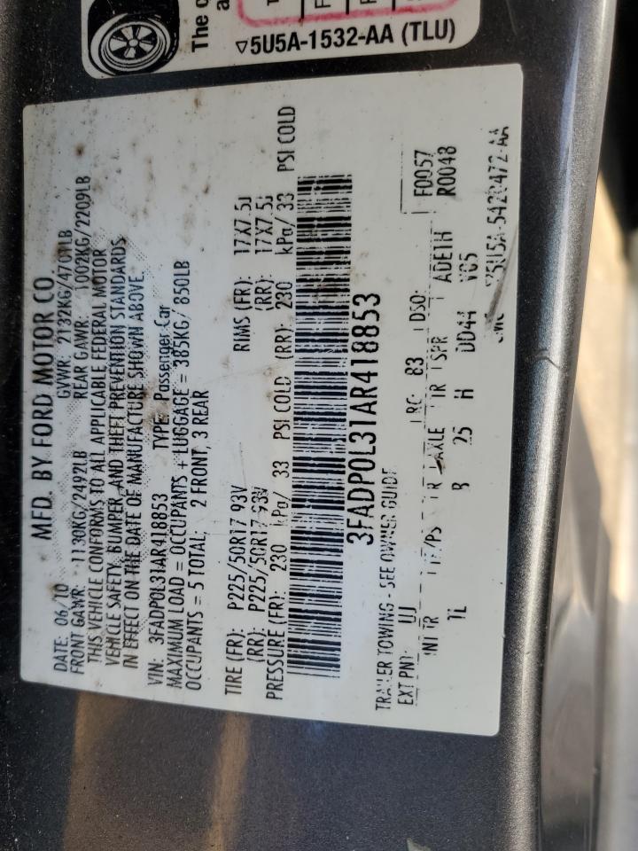 2010 Ford Fusion Hybrid VIN: 3FADP0L31AR418853 Lot: 62184424