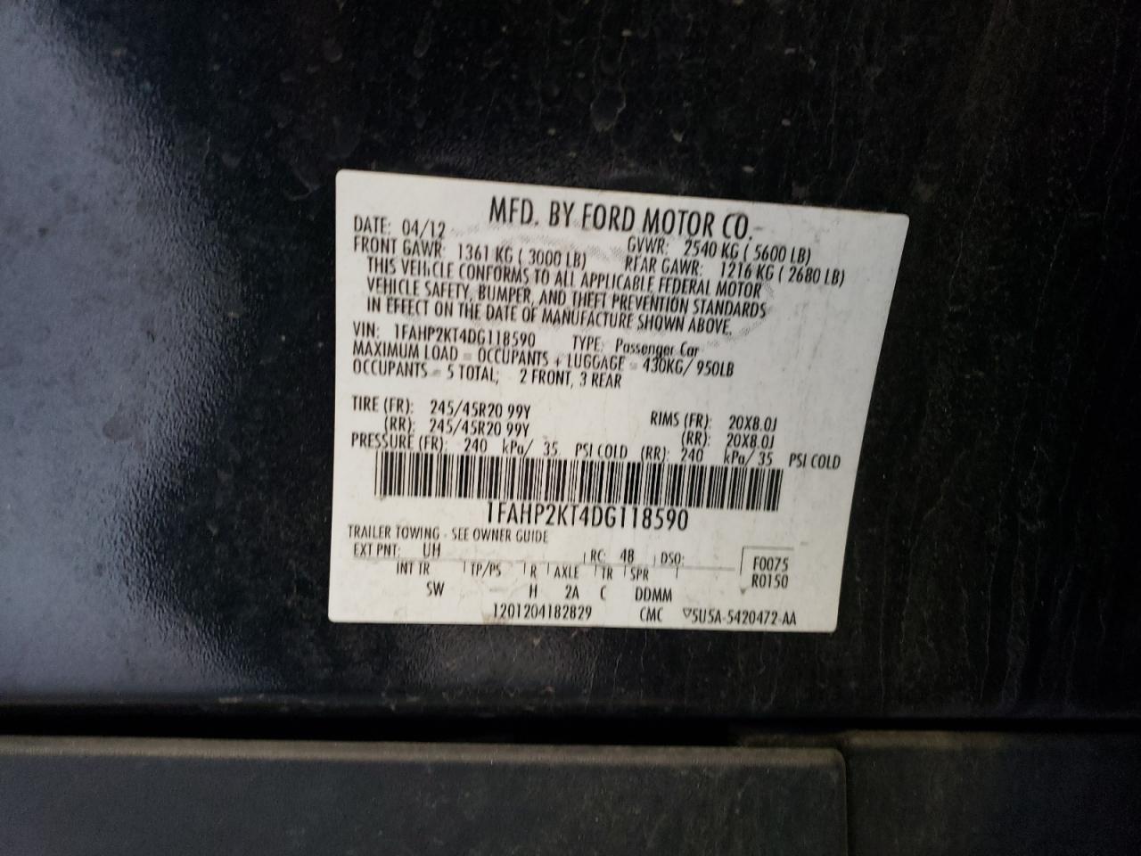 2013 Ford Taurus Sho VIN: 1FAHP2KT4DG118590 Lot: 59628824