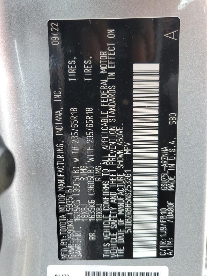 2022 Toyota Highlander L VIN: 5TDBZRBH5NS253261 Lot: 64671824