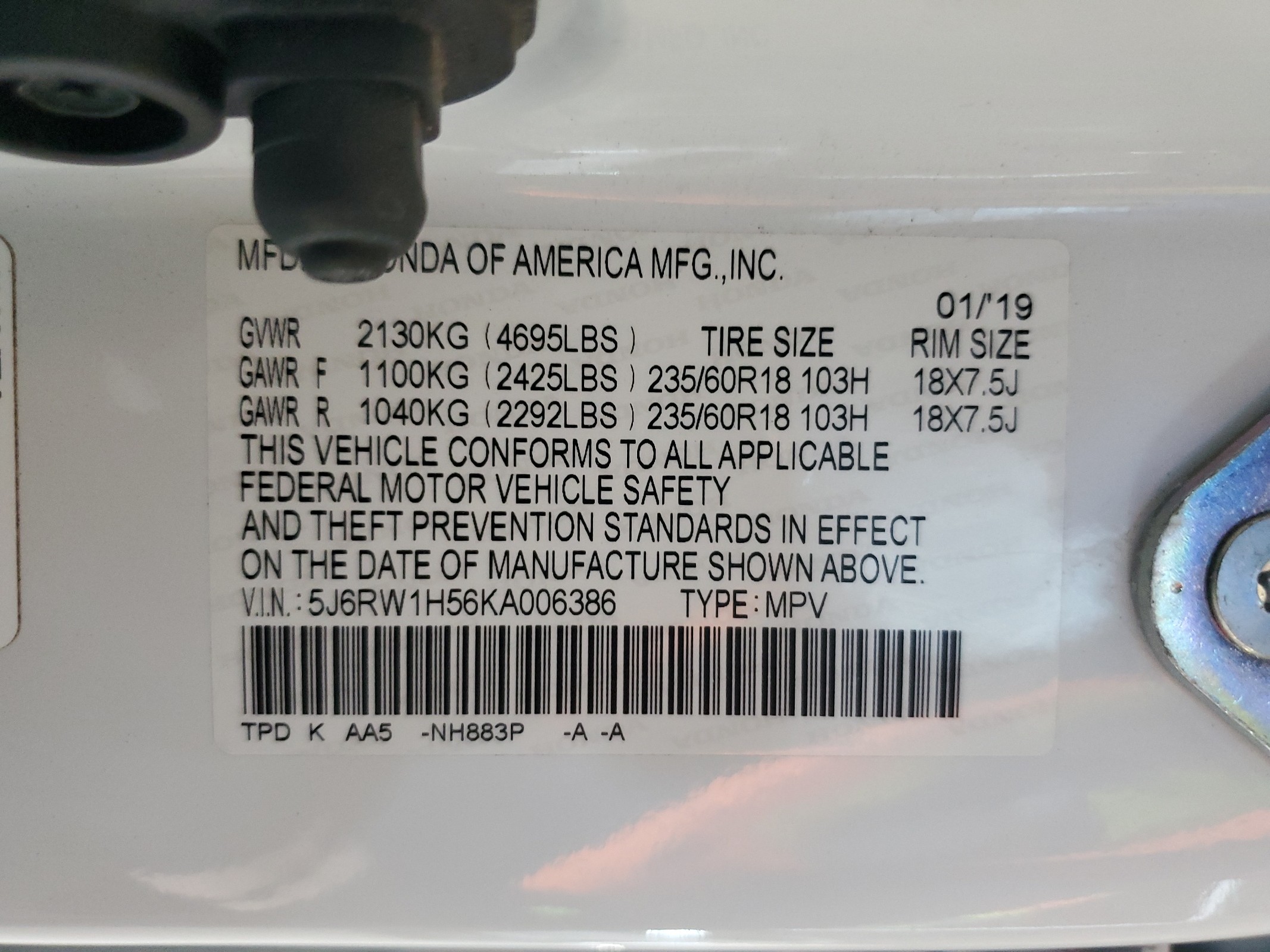 5J6RW1H56KA006386 2019 Honda Cr-V Ex