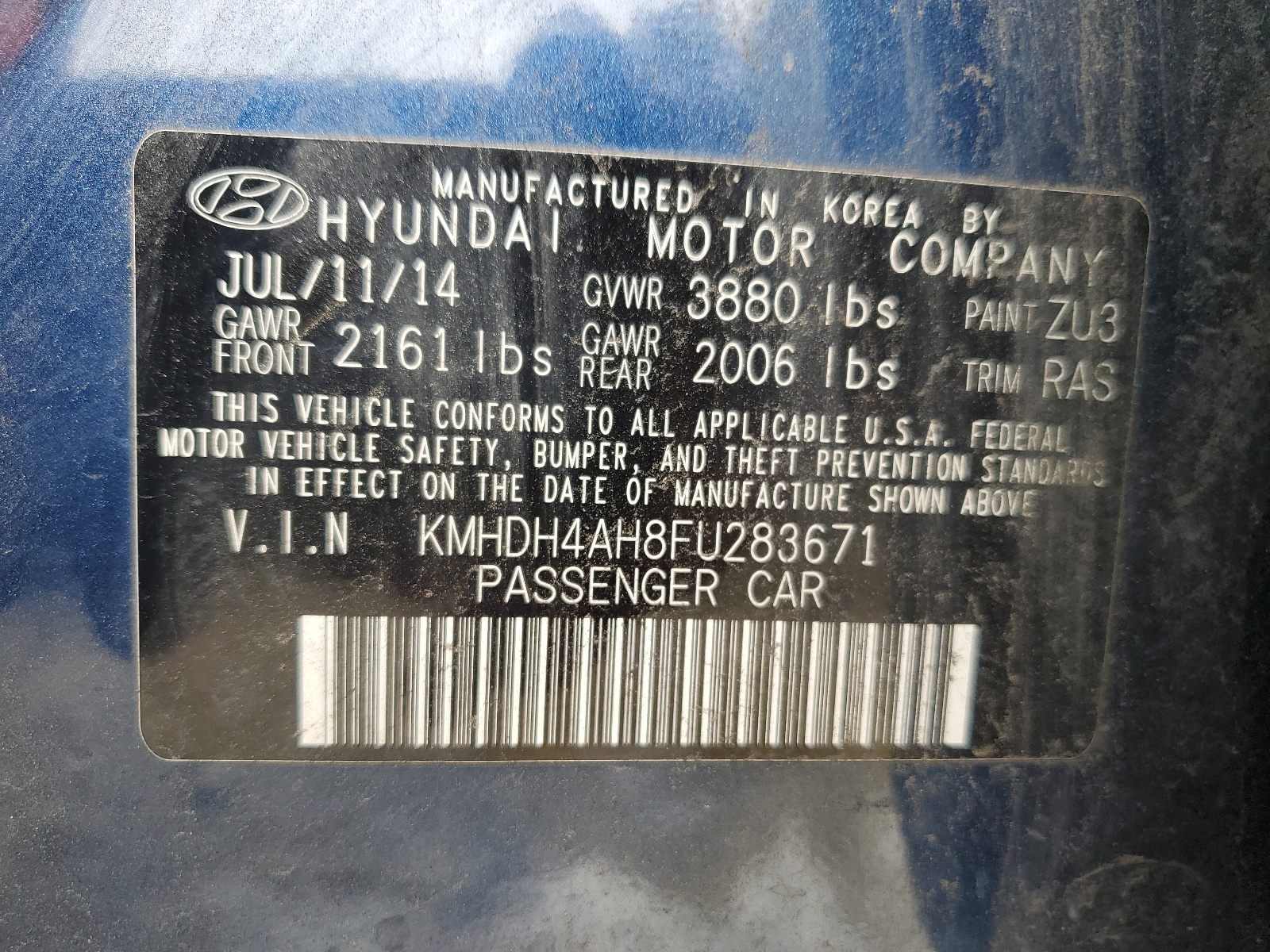 KMHDH4AH8FU283671 2015 Hyundai Elantra Se