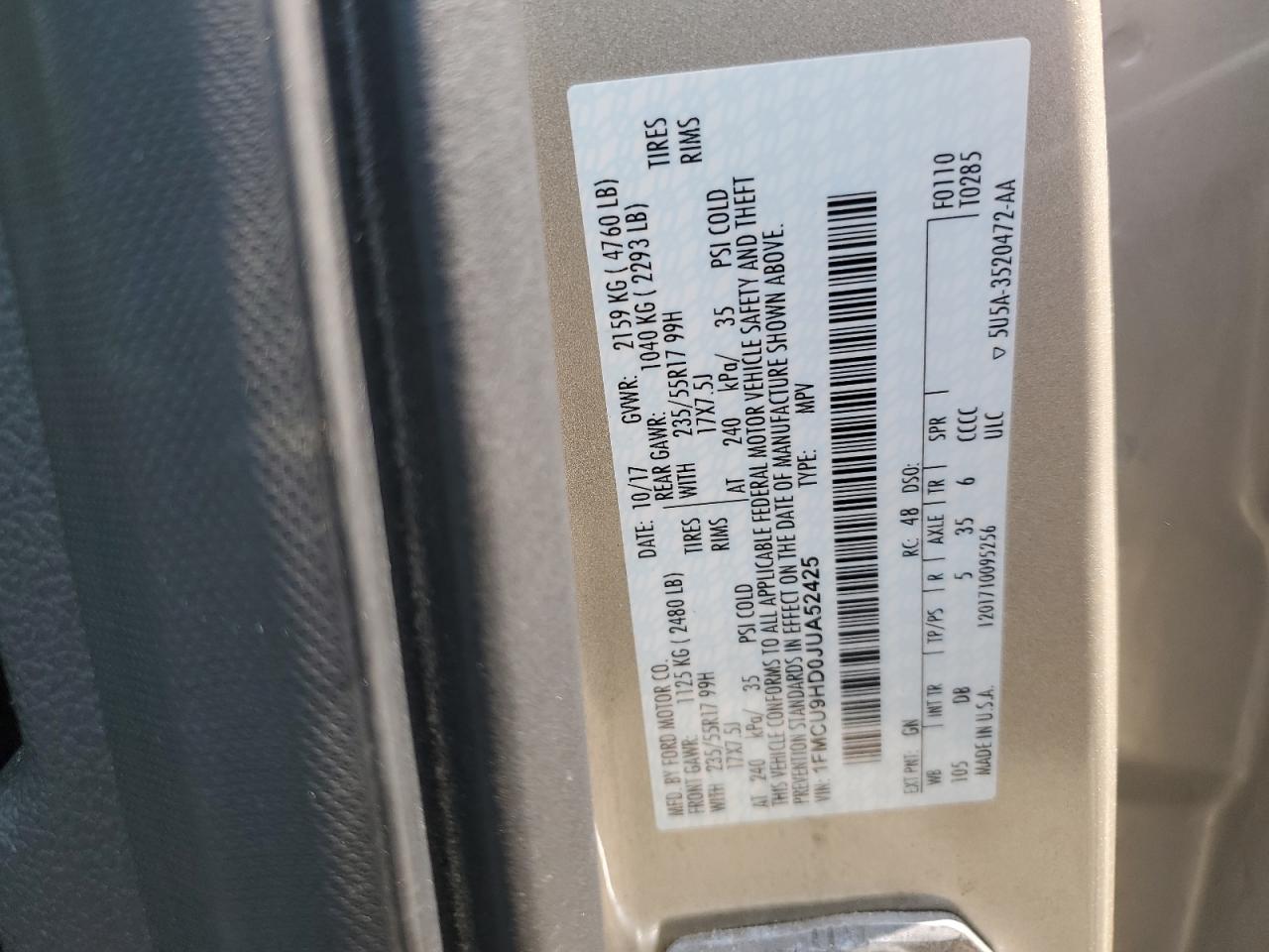 2018 Ford Escape Sel VIN: 1FMCU9HD0JUA52425 Lot: 63201494