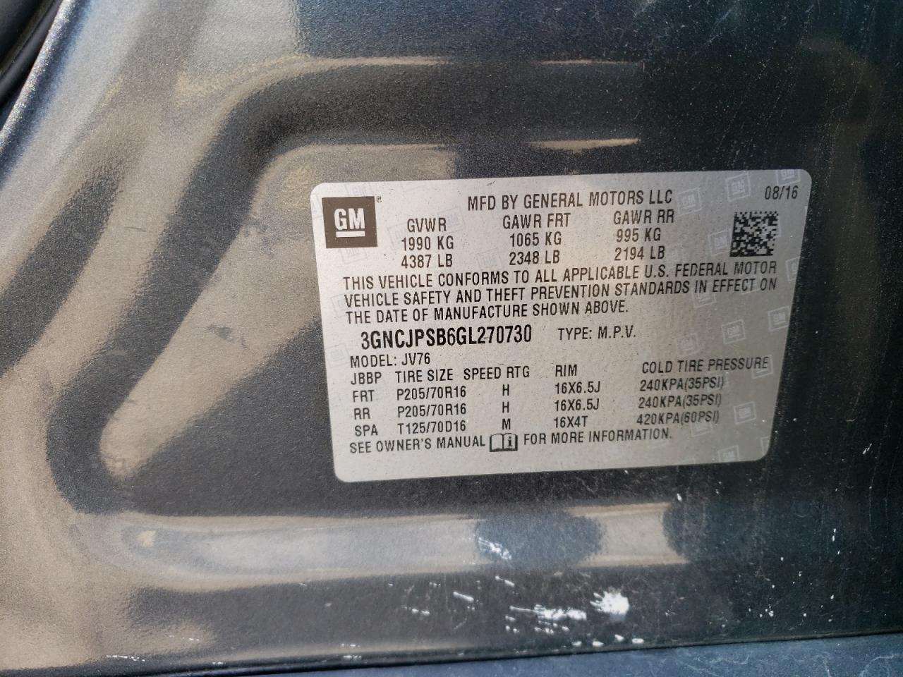 2016 Chevrolet Trax 1Lt VIN: 3GNCJPSB6GL270730 Lot: 62440084