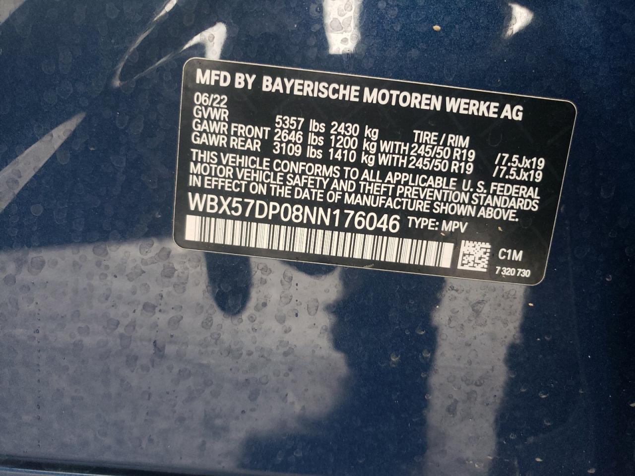 2022 BMW X3 xDrive30I VIN: WBX57DP08NN176046 Lot: 63238564