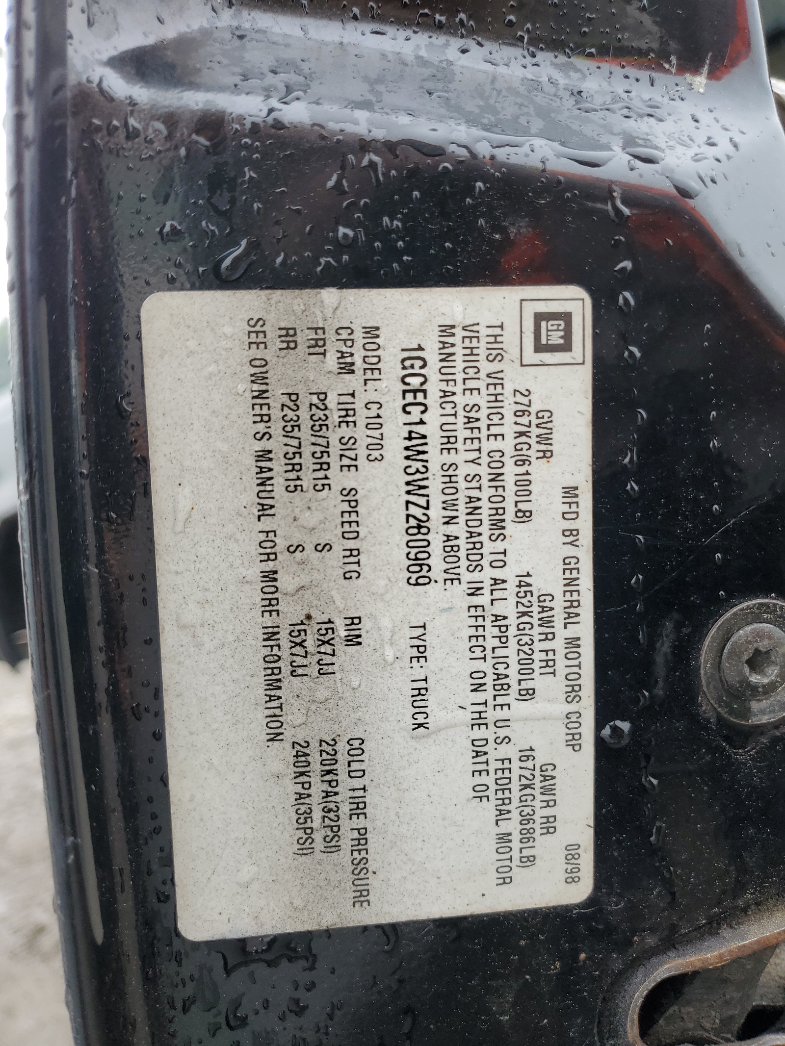 1GCEC14W3WZ280969 1998 Chevrolet Gmt-400 C1500