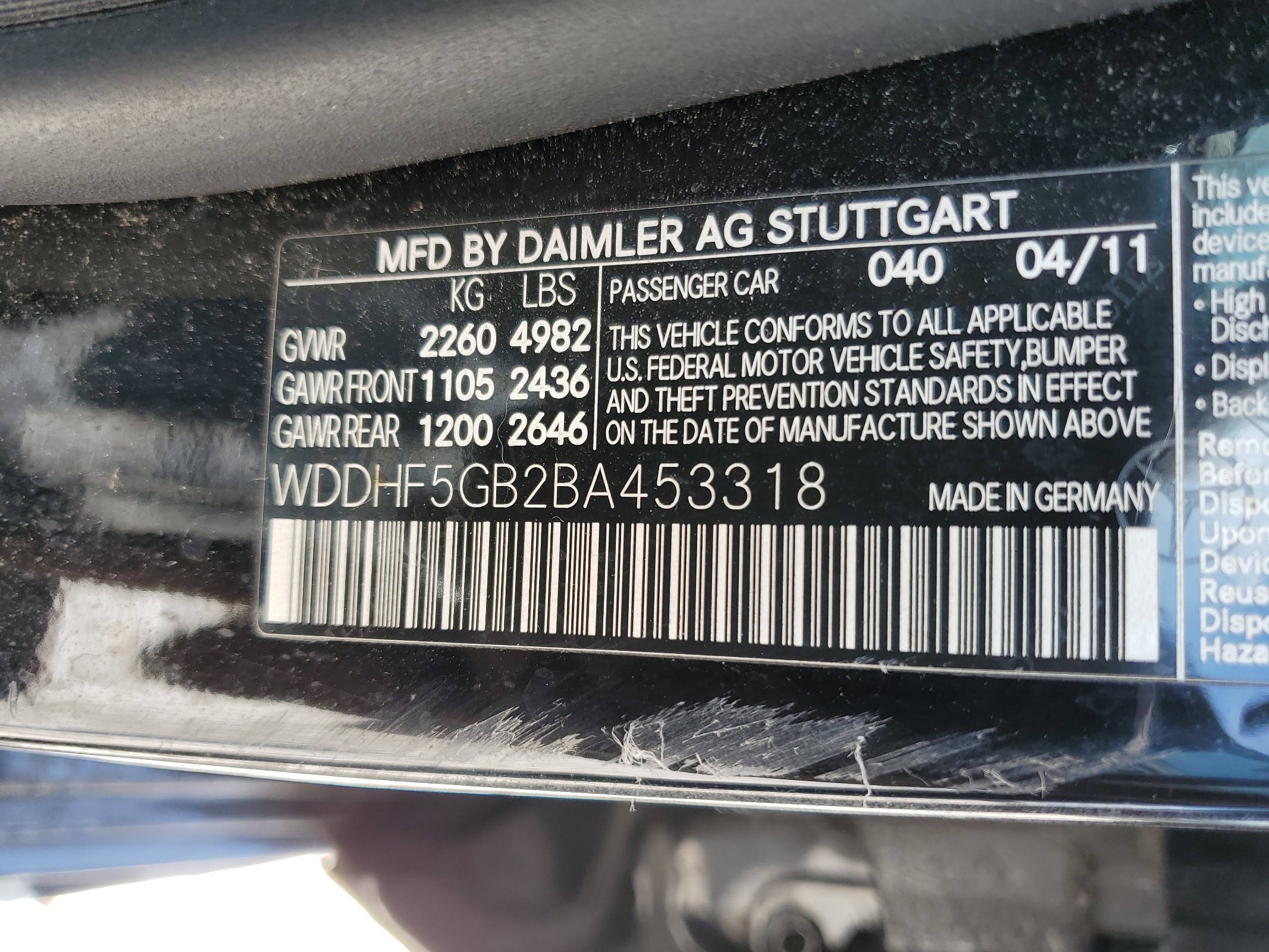 WDDHF5GB2BA453318 2011 Mercedes-Benz E 350