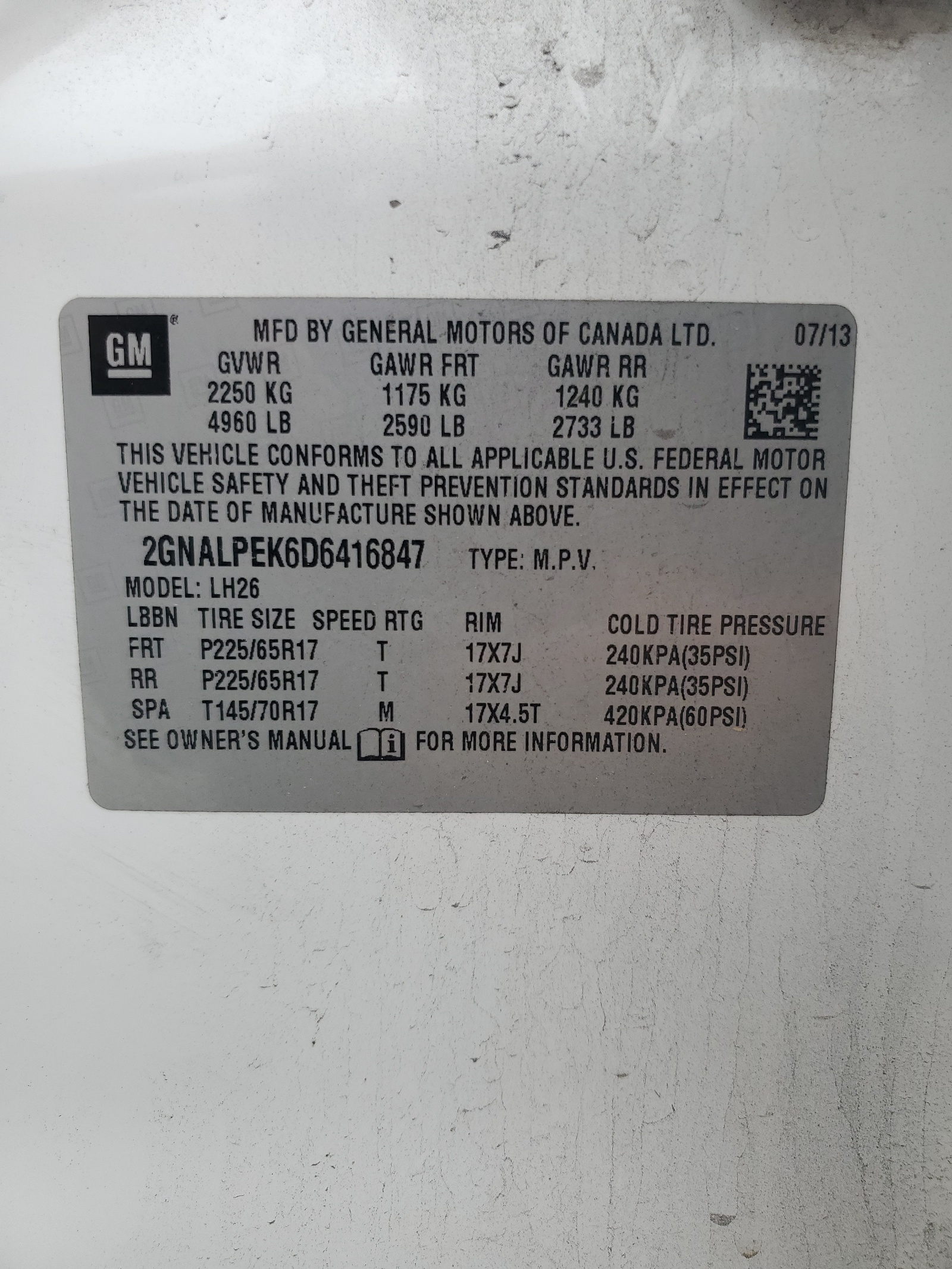 2GNALPEK6D6416847 2013 Chevrolet Equinox Lt