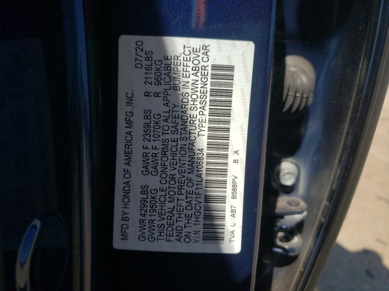 1HGCV1F11LA106834 2020 Honda Accord Lx