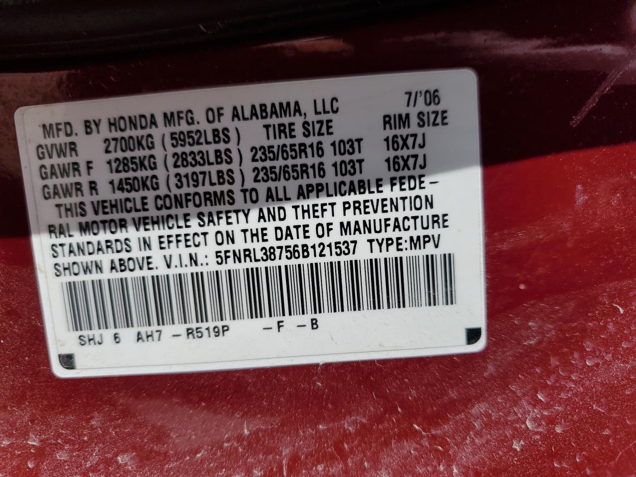 2006 Honda Odyssey Exl VIN: 5FNRL38756B121537 Lot: 63759084