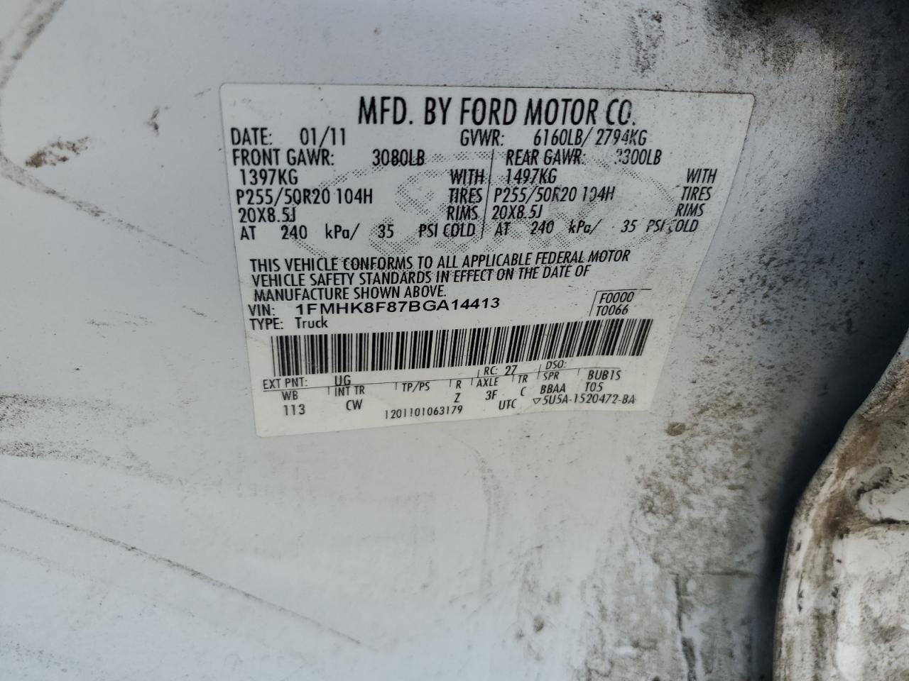 2011 Ford Explorer Limited VIN: 1FMHK8F87BGA14413 Lot: 62871504