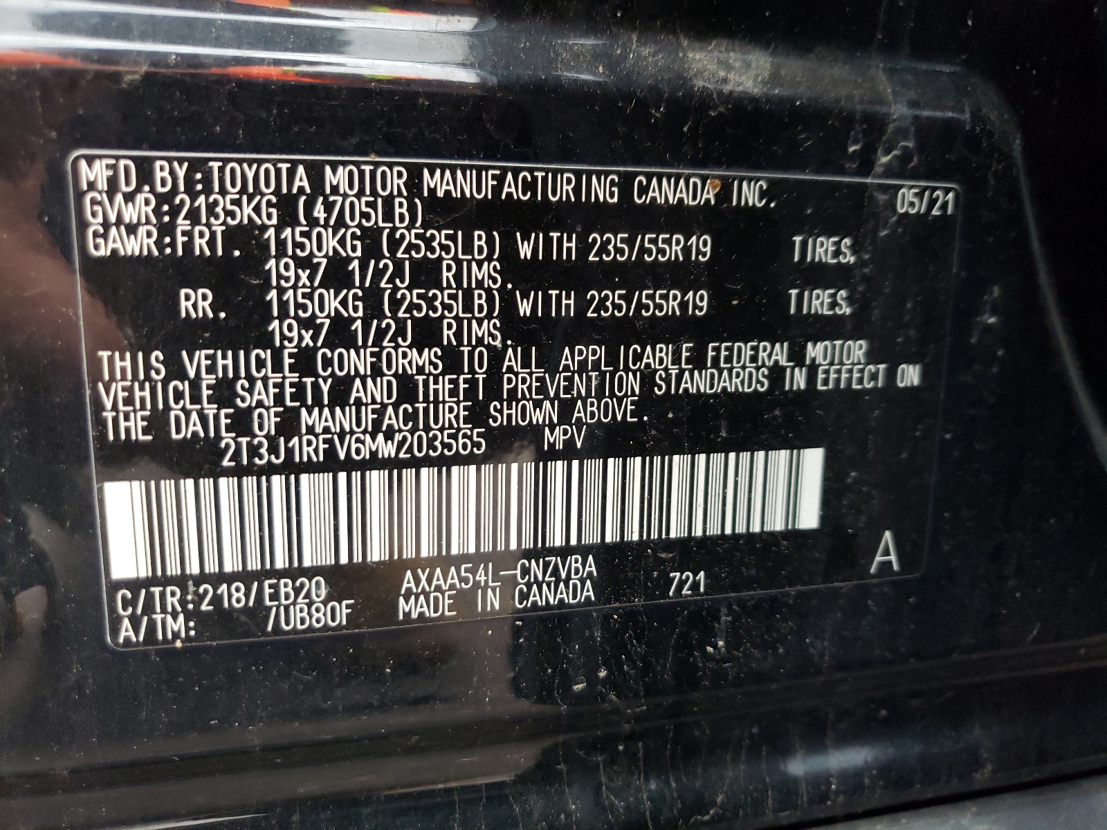 2T3J1RFV6MW203565 2021 Toyota Rav4 Adventure