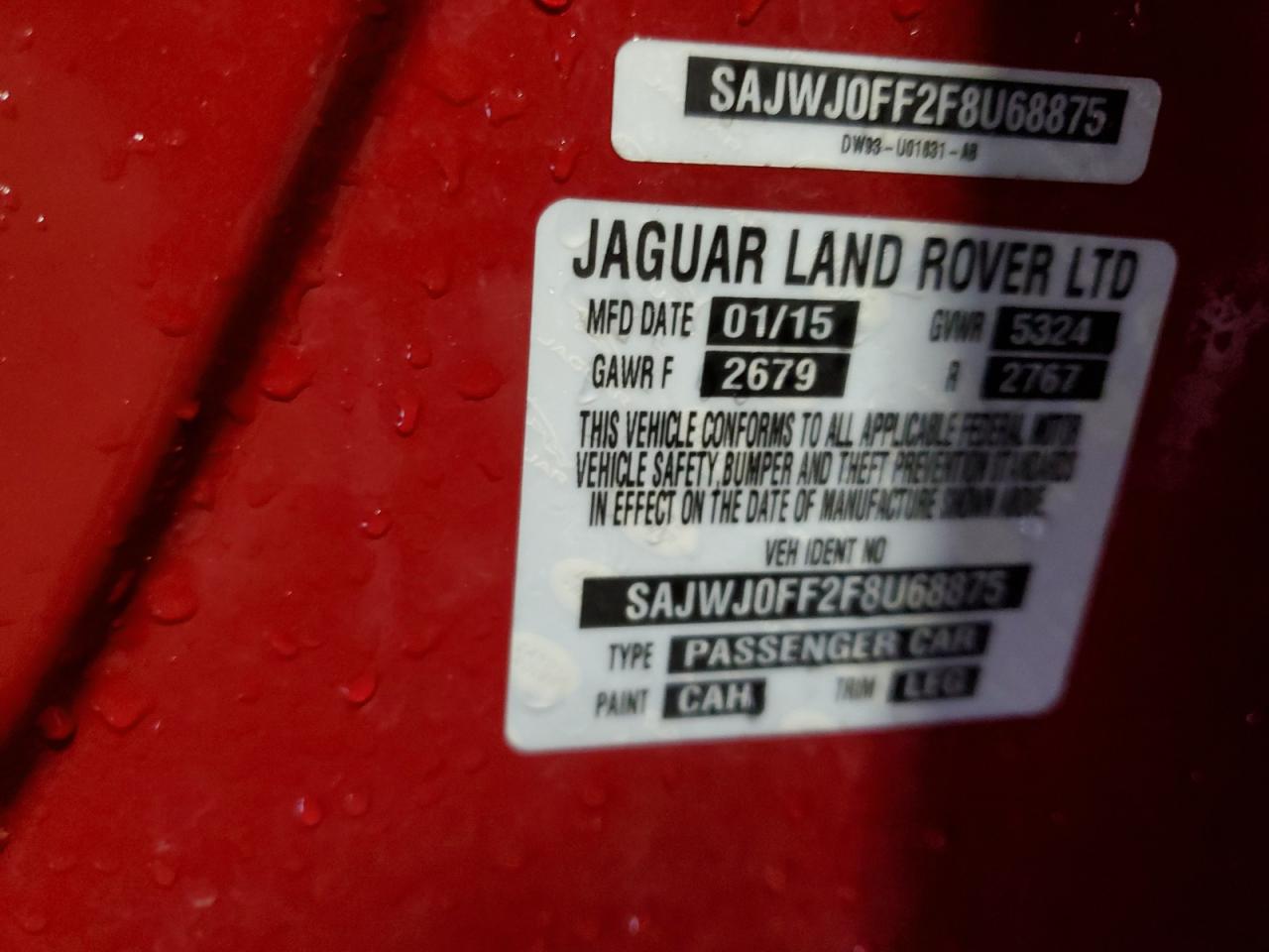 2015 Jaguar Xf 3.0 Sport Awd VIN: SAJWJ0FF2F8U68875 Lot: 63016224