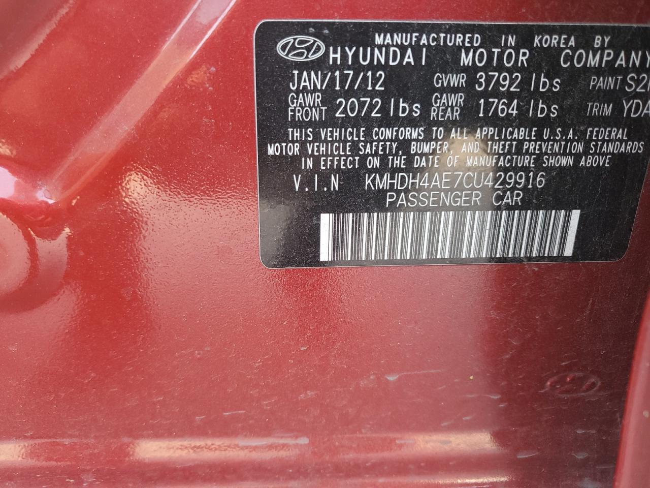 2012 Hyundai Elantra Gls VIN: KMHDH4AE7CU429916 Lot: 63243494