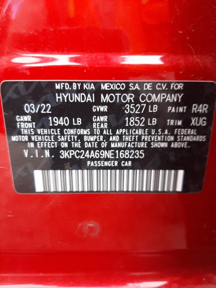 2022 Hyundai Accent Se VIN: 3KPC24A69NE168235 Lot: 61668814