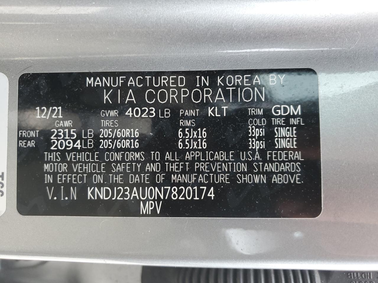 2022 Kia Soul Lx VIN: KNDJ23AU0N7820174 Lot: 64796694