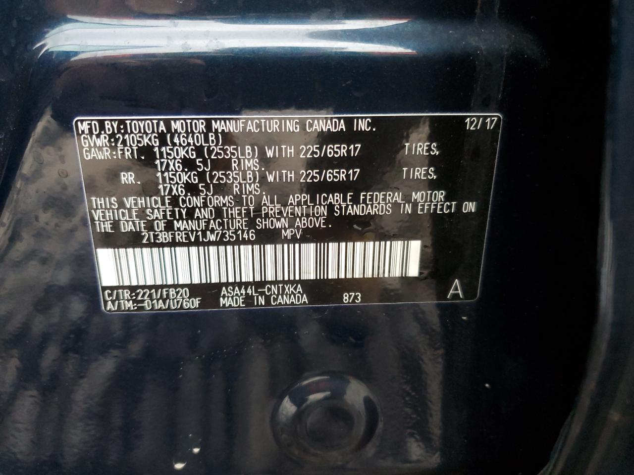 2018 Toyota Rav4 Le VIN: 2T3BFREV1JW735146 Lot: 63584874