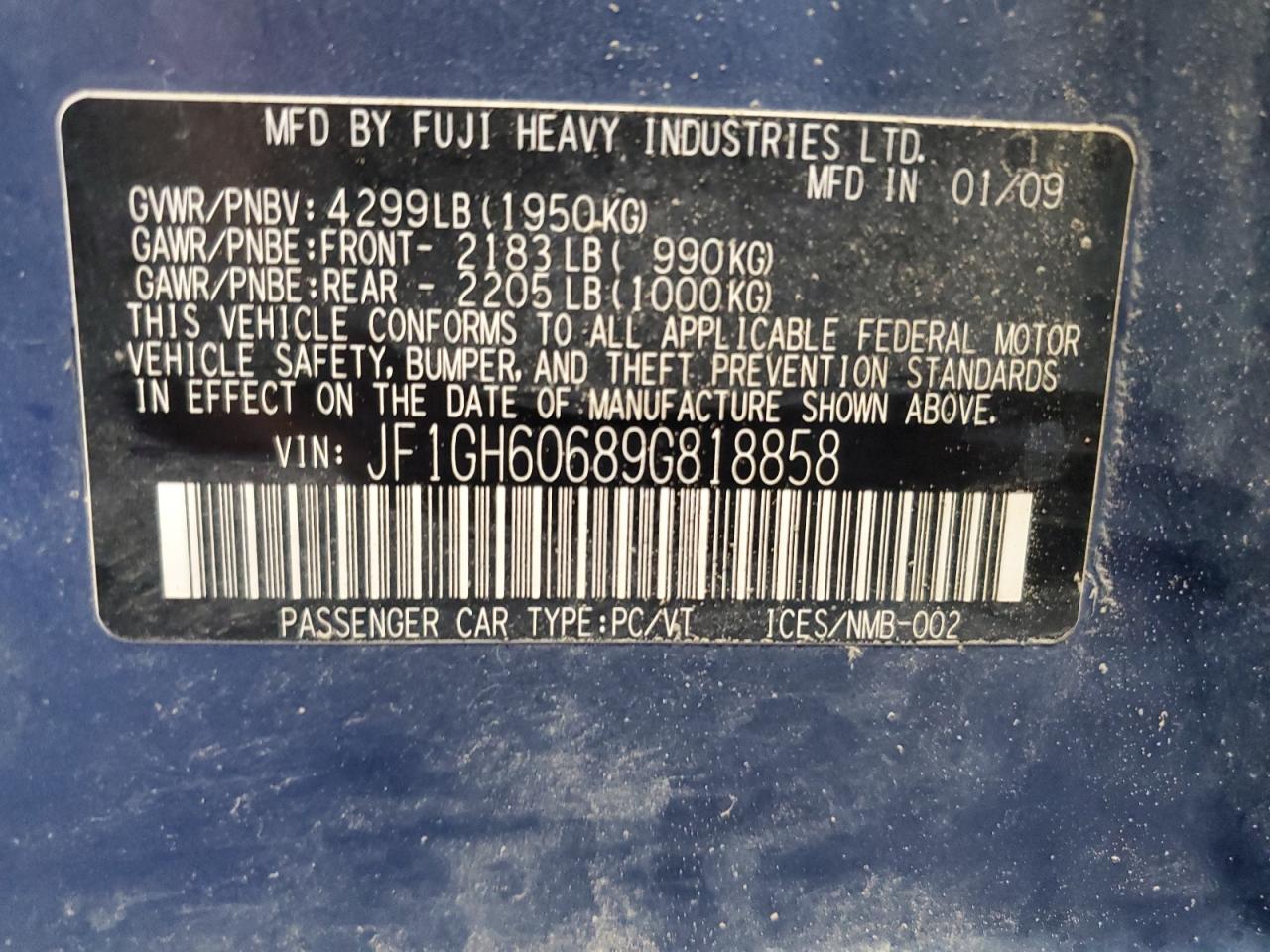 2009 Subaru Impreza 2.5I Premium VIN: JF1GH60689G818858 Lot: 63119664