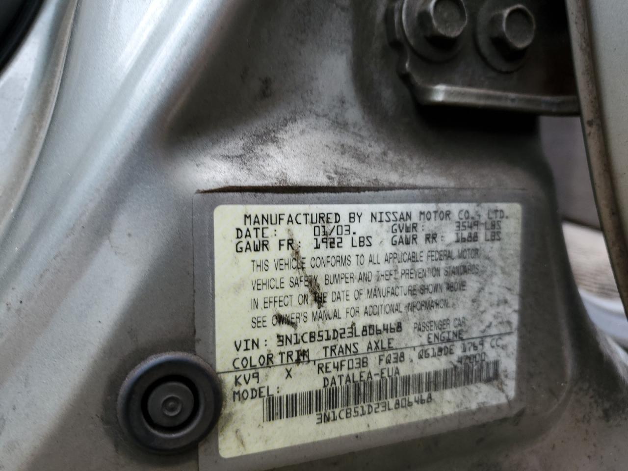 2003 Nissan Sentra Xe VIN: 3N1CB51D23L806468 Lot: 63613074