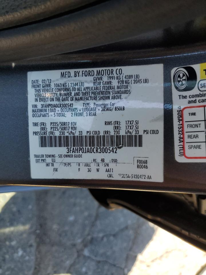 2012 Ford Fusion Sel VIN: 3FAHP0JA0CR300542 Lot: 60703044
