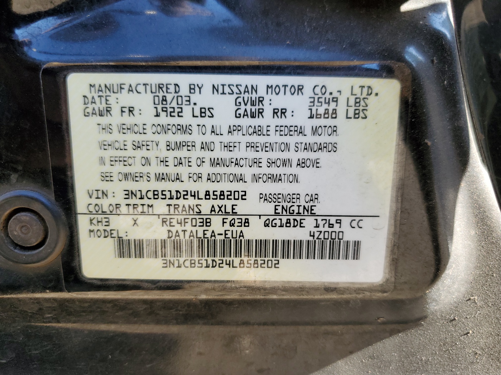 3N1CB51D24L858202 2004 Nissan Sentra 1.8