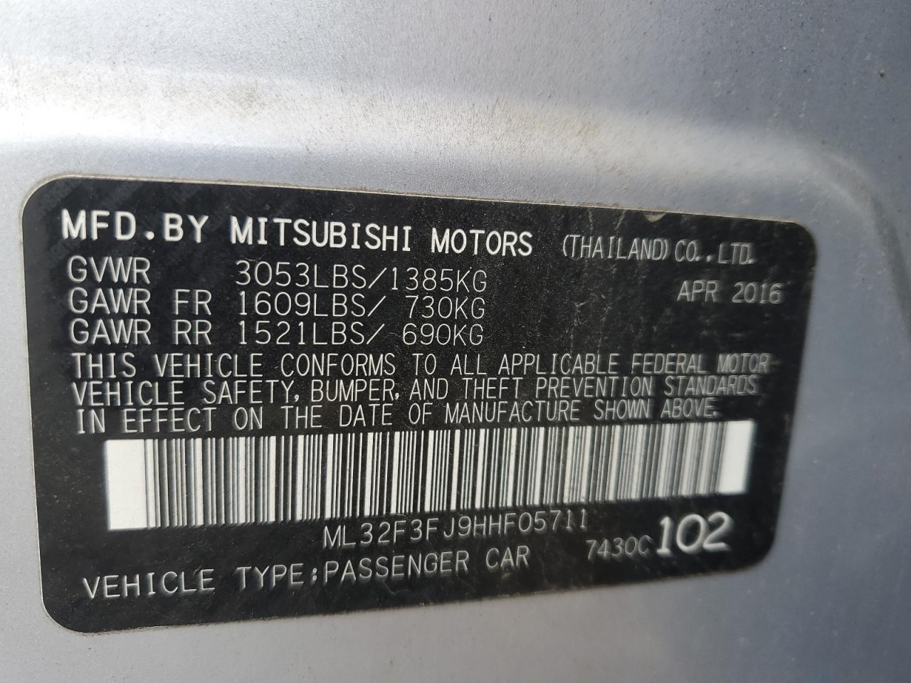 ML32F3FJ9HHF05711 2017 Mitsubishi Mirage G4 Es