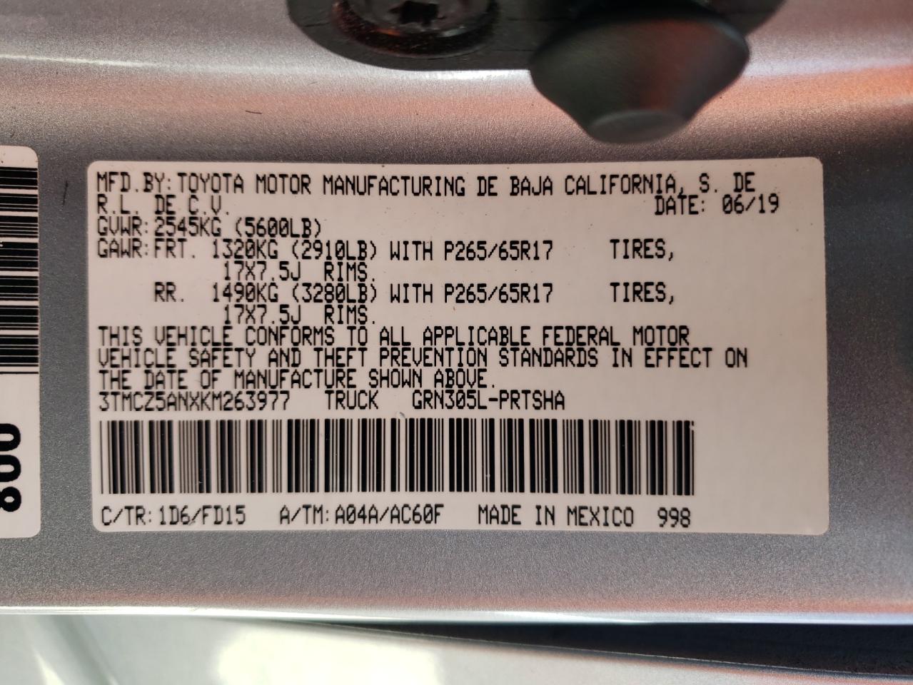 2019 Toyota Tacoma Double Cab VIN: 3TMCZ5ANXKM263977 Lot: 64013624