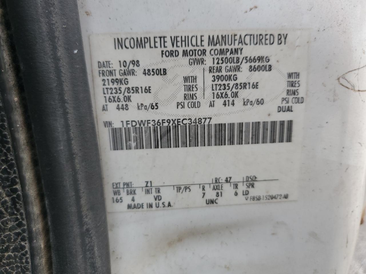 1999 Ford F350 Super Duty VIN: 1FDWF36F9XEC34877 Lot: 64297214