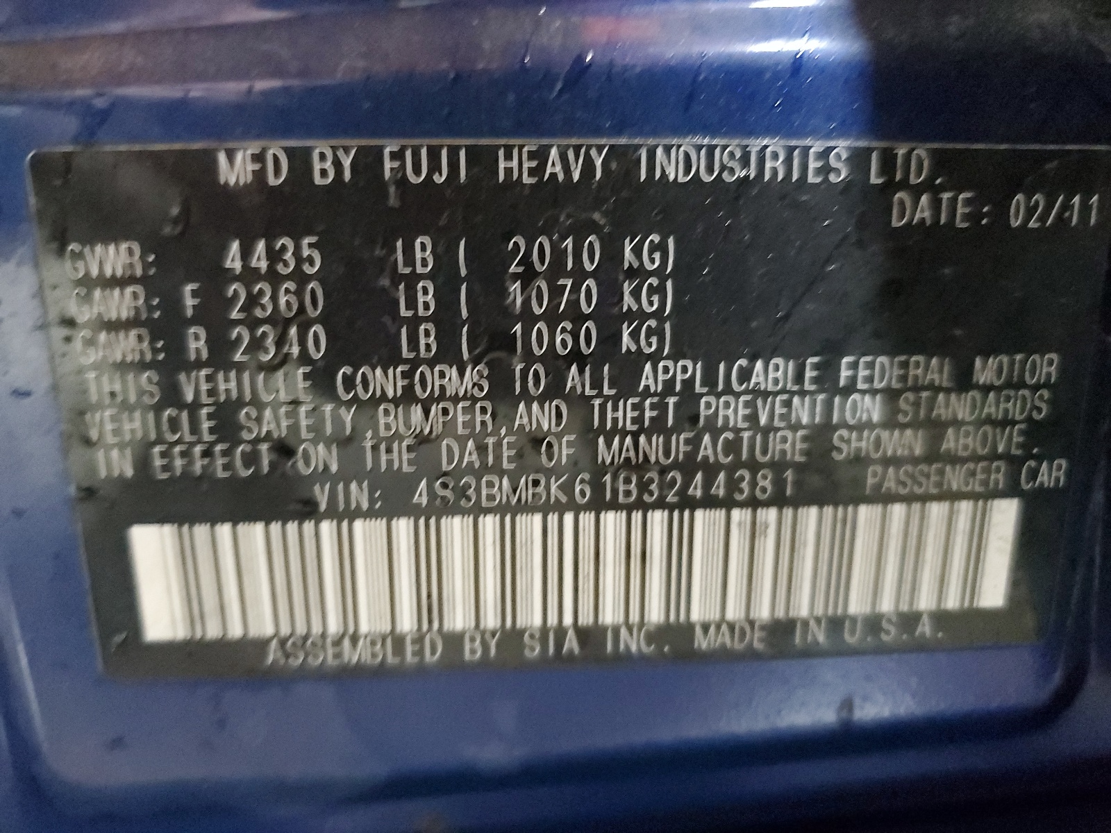 4S3BMBK61B3244381 2011 Subaru Legacy 2.5I Limited